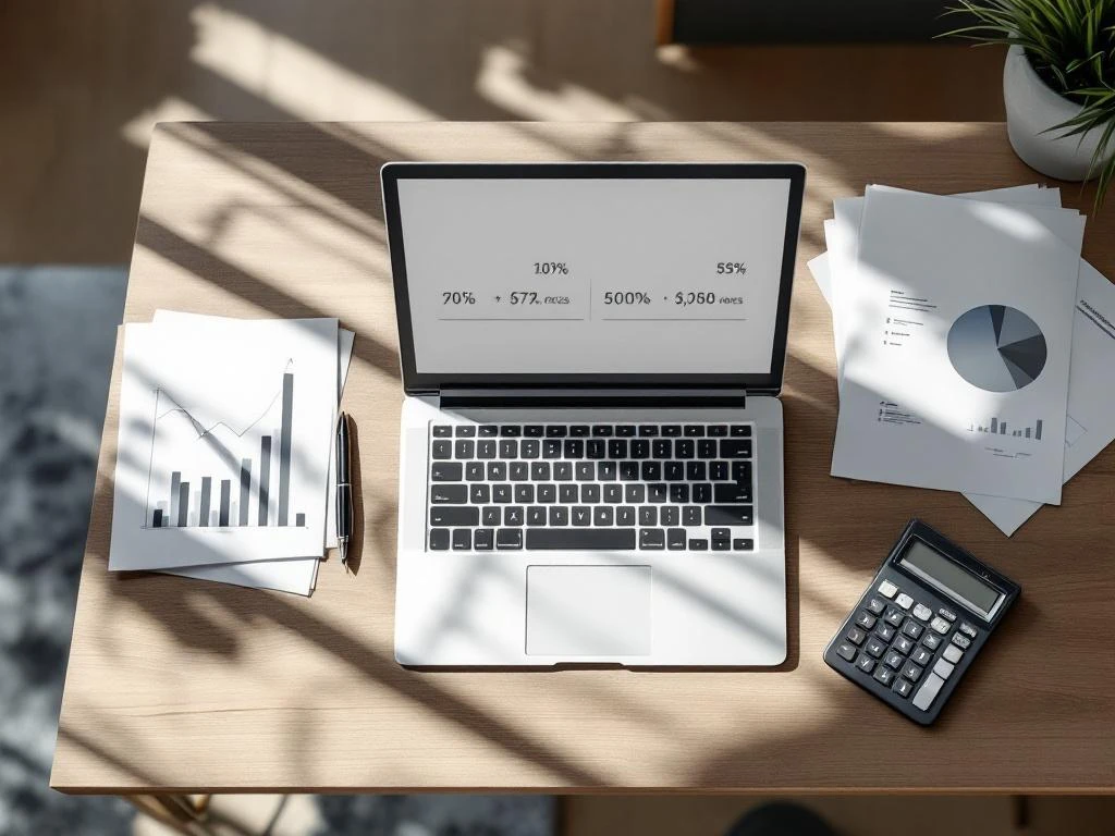 Modern hotel reception desk with laptop showing booking percentages, financial charts, calculator and papers in minimalist office setting