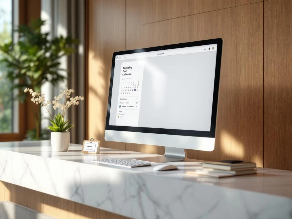 Modern hotel reception desk with computer displaying booking interface, marble countertop, and conference materials