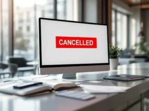 Hotel reception desk with computer monitor displaying red "CANCELLED" alert, surrounded by event planning documents and smartphone
