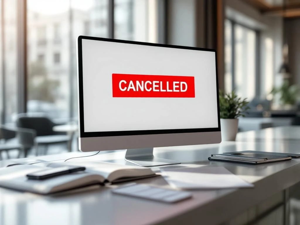 Hotel reception desk with computer monitor displaying red "CANCELLED" alert, surrounded by event planning documents and smartphone