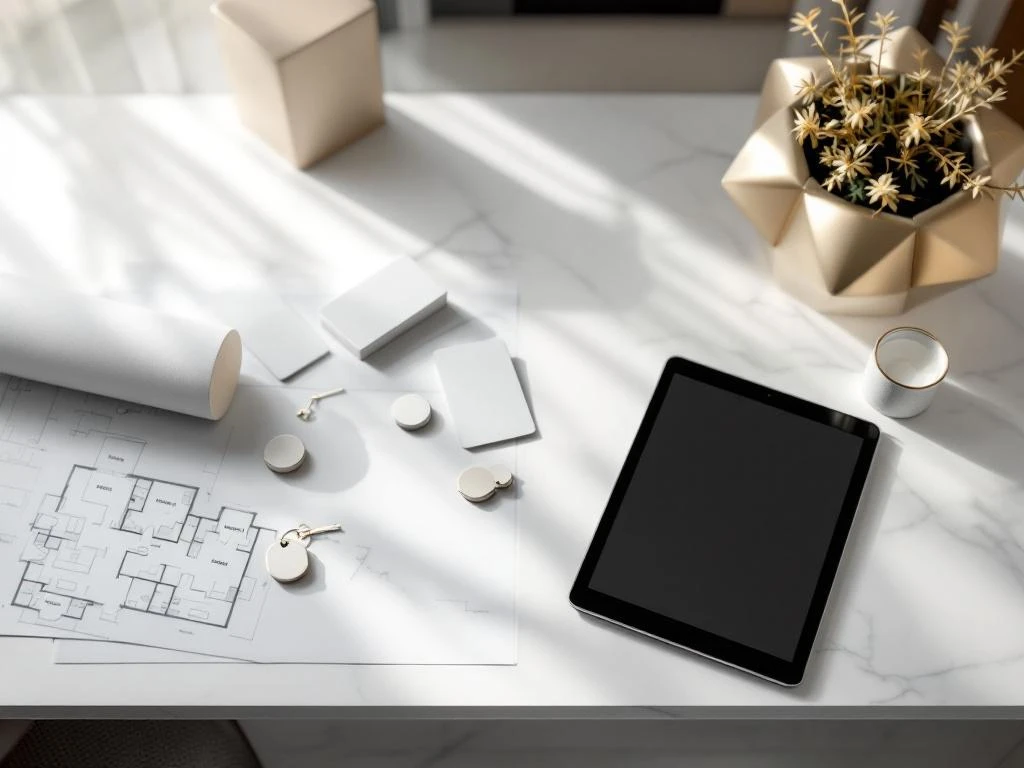 Hotel reception desk with scattered key cards, tablet showing booking interface, and floor plan blueprint on white marble surface