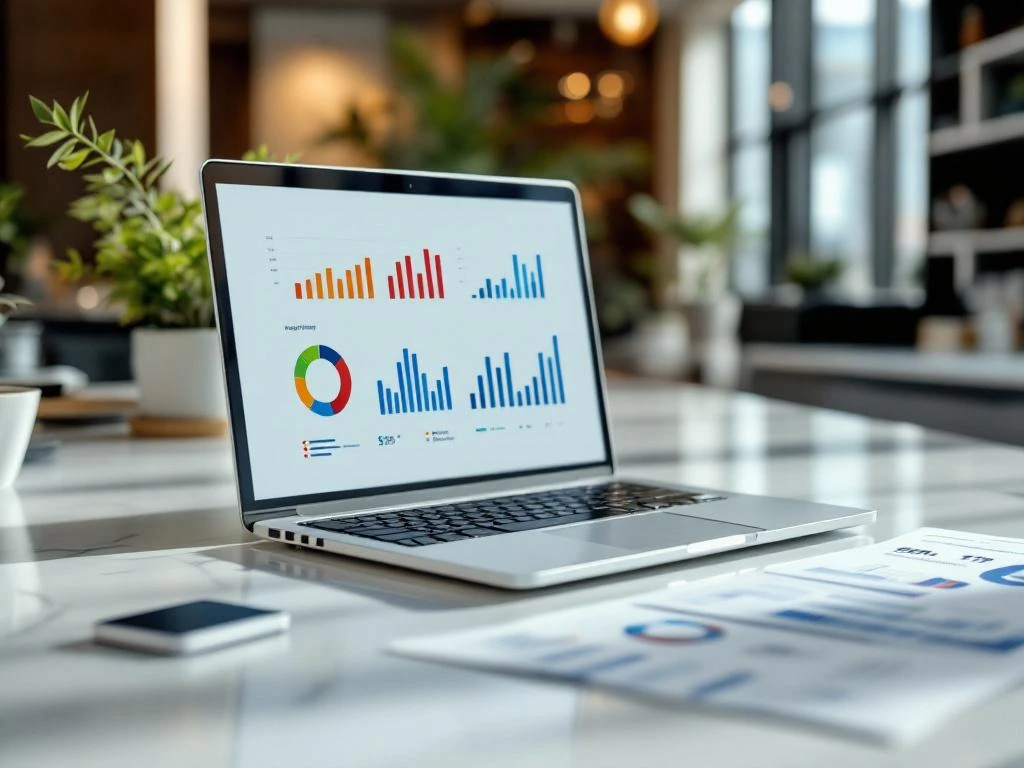 Hotel reception desk with laptop displaying colorful booking analytics and data charts, marble countertop with reports and keycard