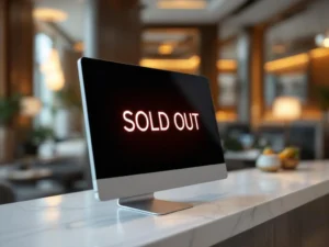 Hotel reception desk computer monitor displaying "SOLD OUT" in red text on booking interface with marble countertop