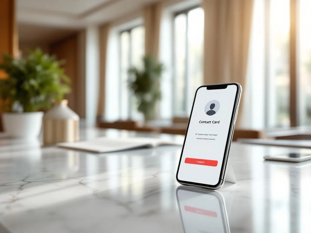 Modern smartphone displaying contact interface on marble hotel reception desk with natural lighting and key cards