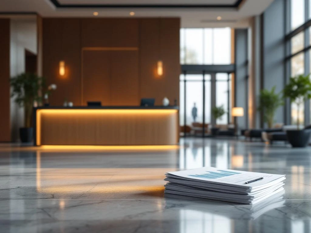 Modern hotel lobby with reception desk, revenue charts on table, and conference center visible through windows