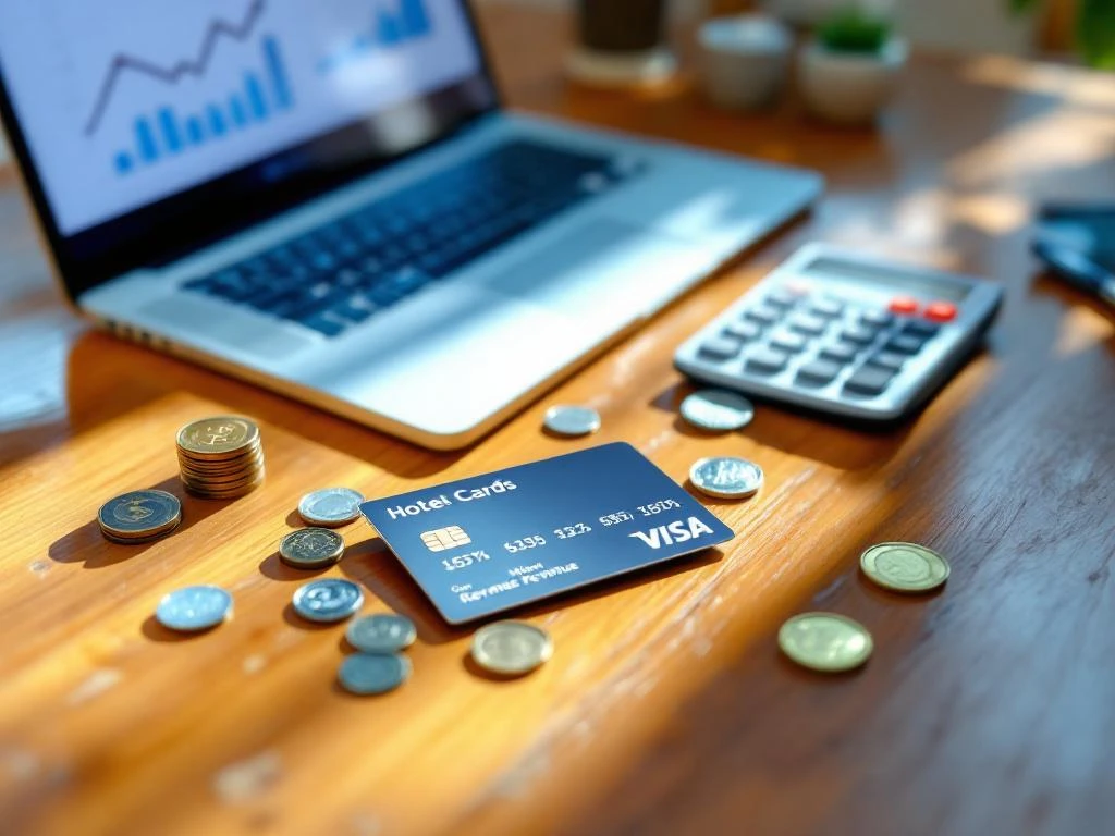 Hotel keycard on wooden desk beside laptop showing revenue charts, surrounded by cash and coins with calculator