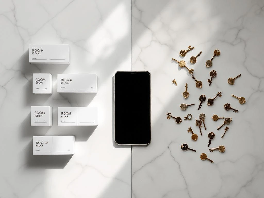 Hotel room key cards arranged in organized blocks versus scattered keys with smartphone, showing booking options