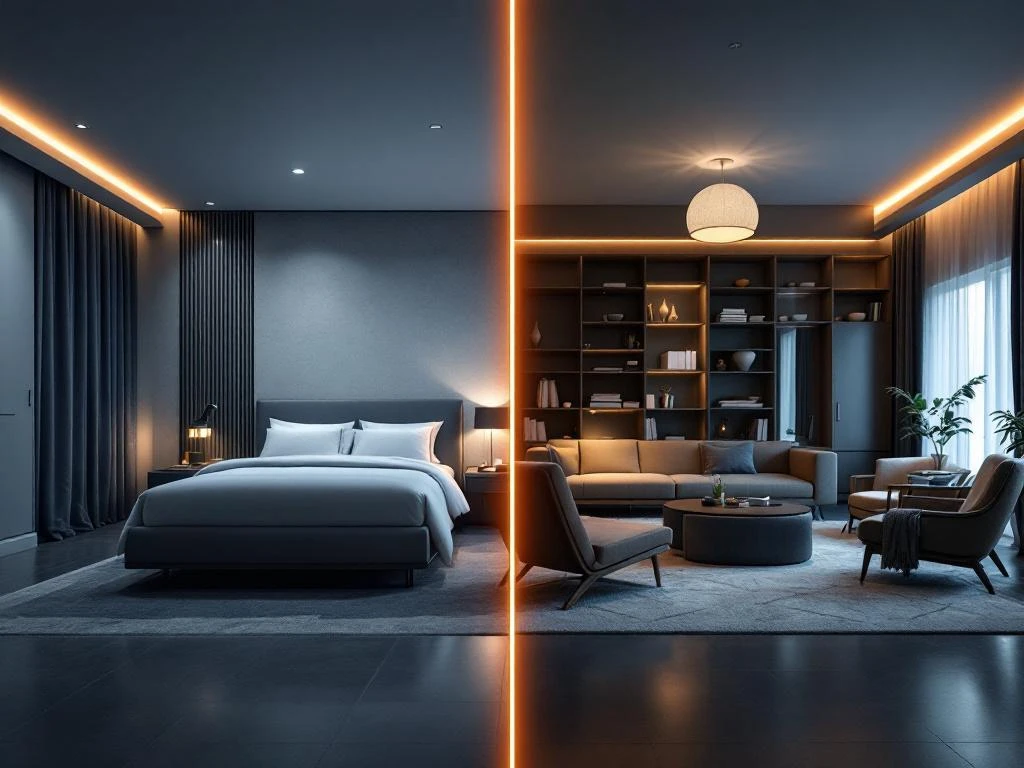 Split-screen comparison of modern luxury hotel room versus cluttered budget accommodation with warning icons between them.