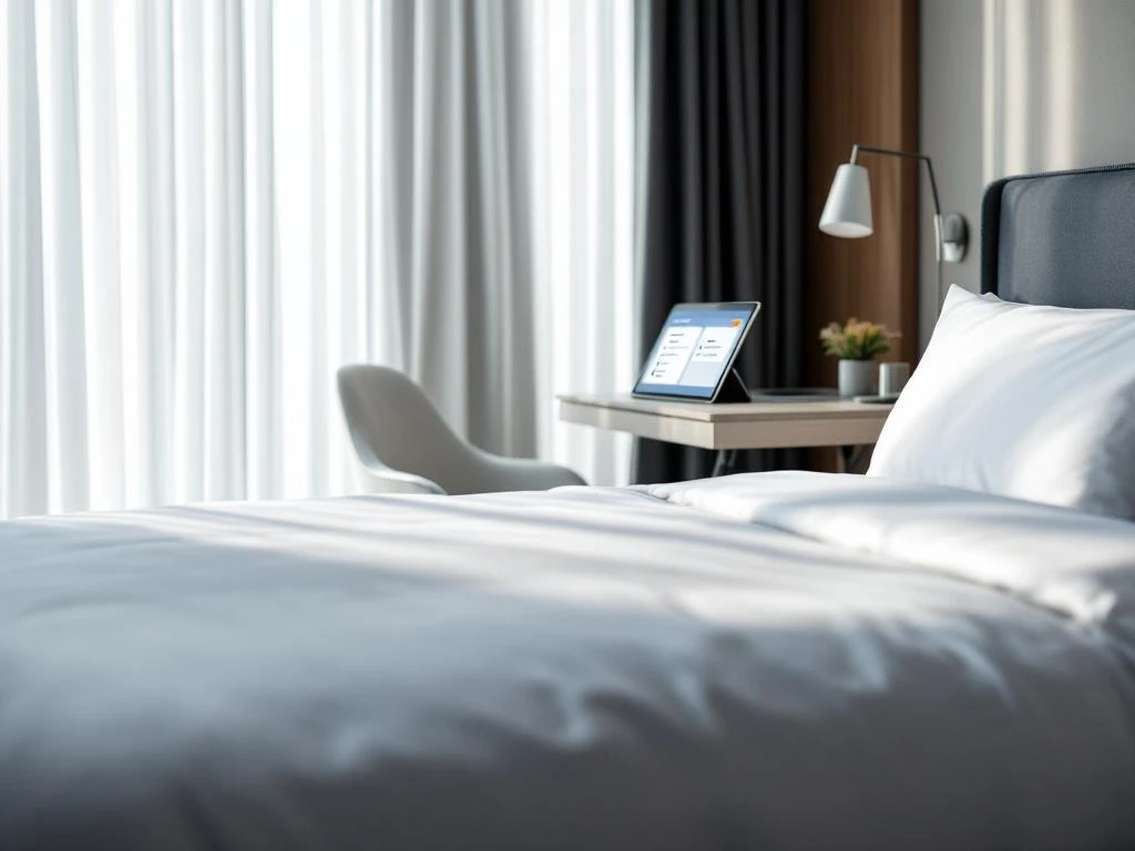 Modern hotel room with white bedding and desk displaying dual booking interfaces on tablet and laptop screens