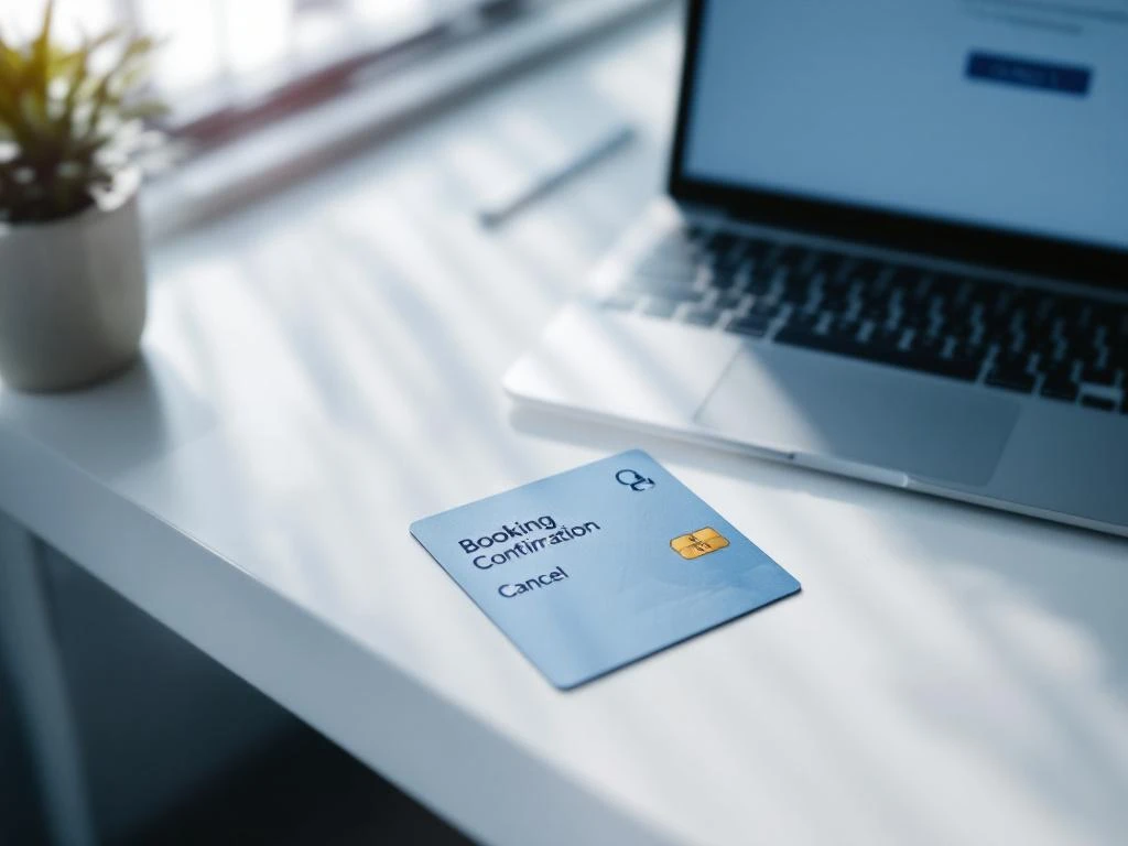 Hotel room key card on white desk beside laptop showing booking confirmation with cancel button, natural window lighting