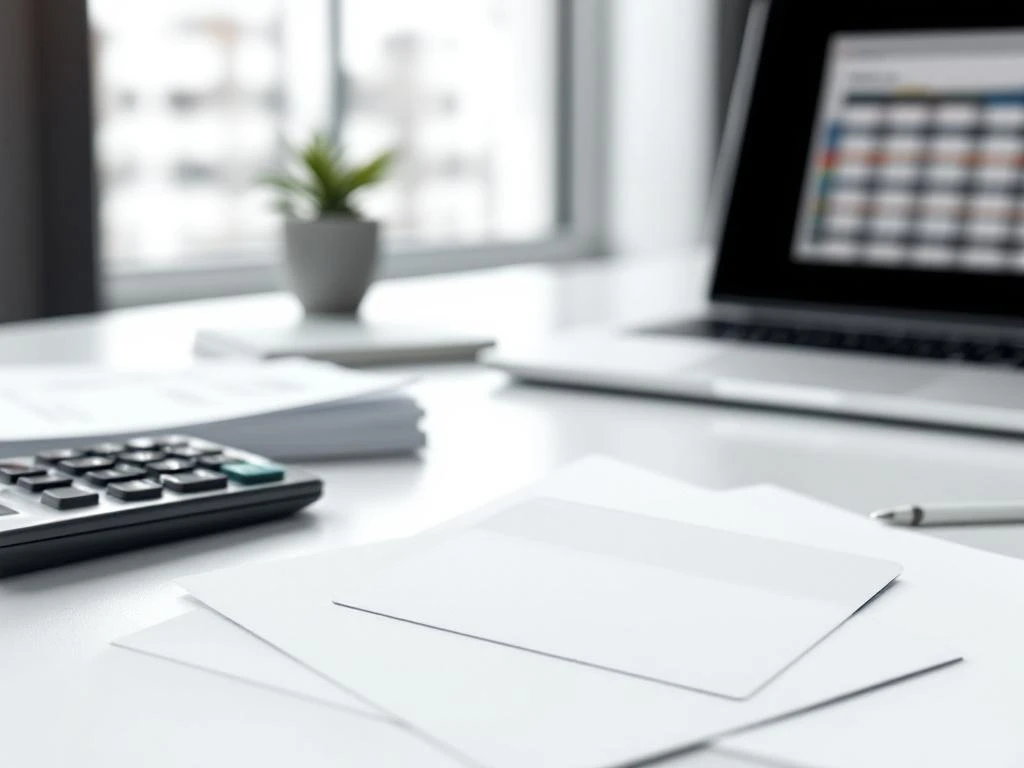 Hotel room key card on white desk with calculator, reservation papers, and laptop showing spreadsheet in background.