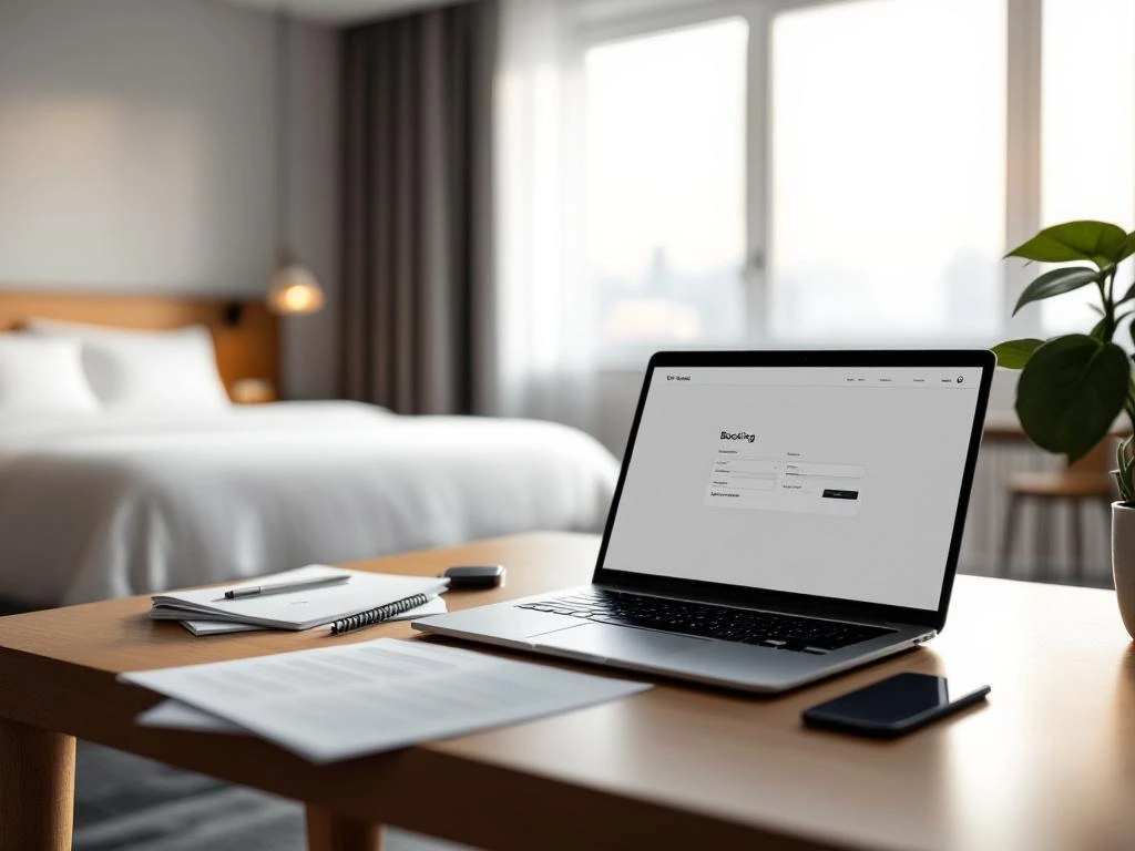 Modern hotel room with laptop showing booking interface on wooden desk, white linens, and natural lighting through windows.