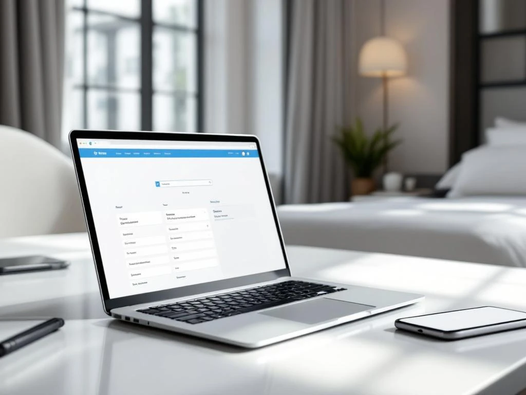 Modern hotel room with laptop displaying booking interface on desk, smartphone nearby, natural light through windows