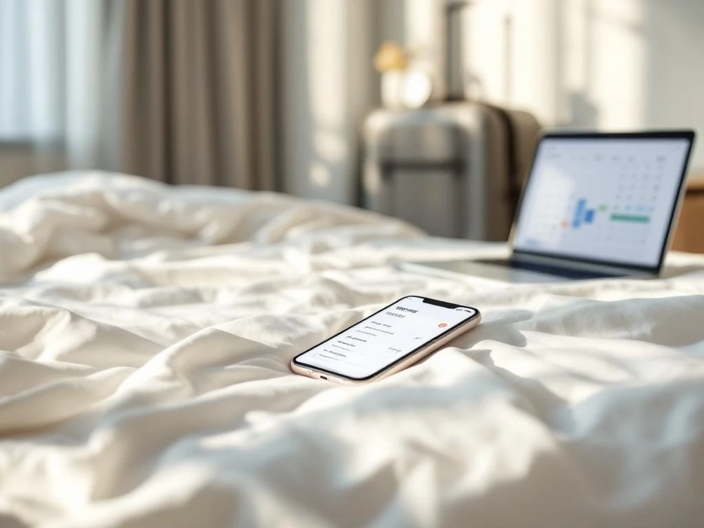 Smartphone showing hotel booking interface on white bedsheets with laptop displaying extended stay calendar in background