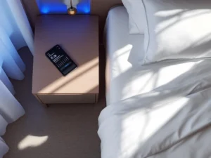 Hotel room with white bedding, wooden nightstand, digital clock, and smartphone showing calendar app with highlighted conference dates