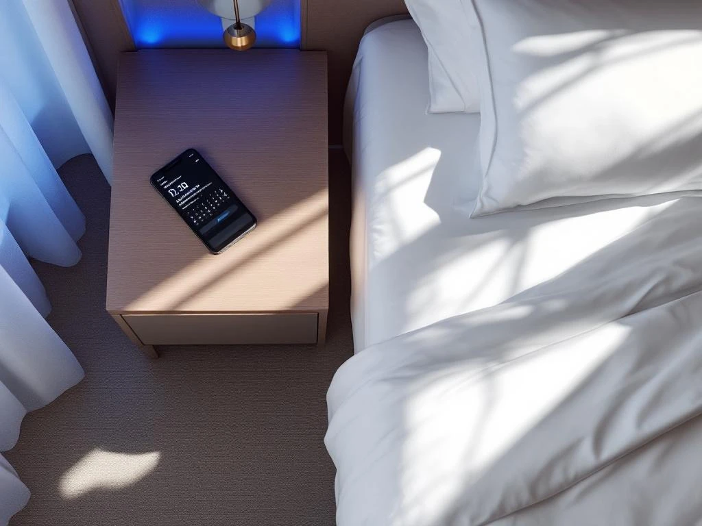 Hotel room with white bedding, wooden nightstand, digital clock, and smartphone showing calendar app with highlighted conference dates