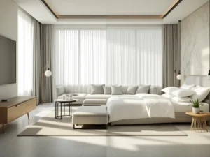 Hotel room comparison showing luxury suite with premium furnishings beside standard room with basic amenities in natural light.