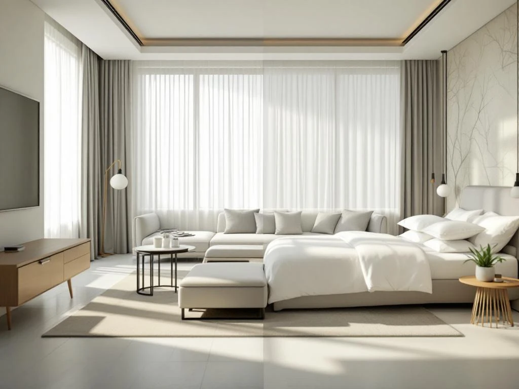 Hotel room comparison showing luxury suite with premium furnishings beside standard room with basic amenities in natural light.