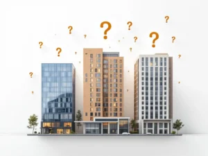 Aerial view of three modern hotels in triangle formation with question marks above, showing glass, brick and stone architectural styles