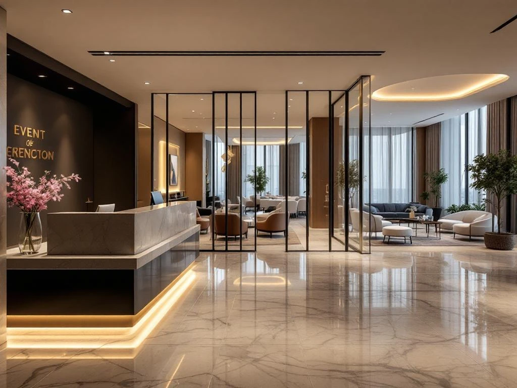 Modern hotel lobby with marble floors, minimalist reception desk, and glass-partitioned conference rooms with natural lighting.