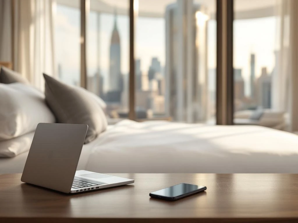 Modern hotel room with king-size bed, white linens, city skyline view through windows, and wooden desk with laptop.