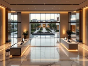Modern hotel lobby with marble floors, reception desk, and conference center visible through floor-to-ceiling windows