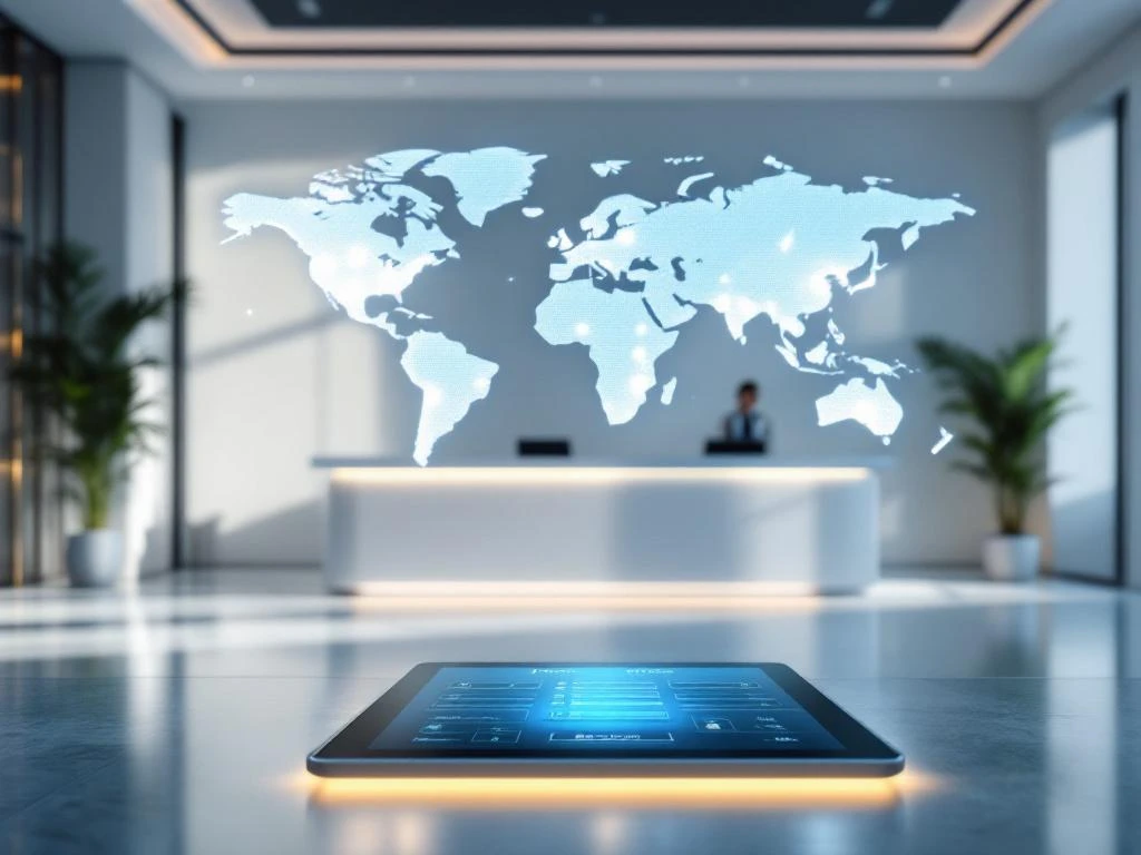 Modern hotel lobby with sleek reception desk displaying illuminated world map and digital booking tablet interface