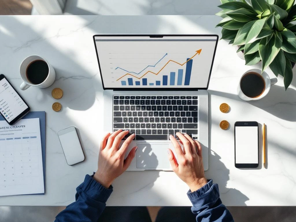 Laptop displaying upward financial charts on white marble desk with calendar, coffee cup, coins and calculator for event planning business.