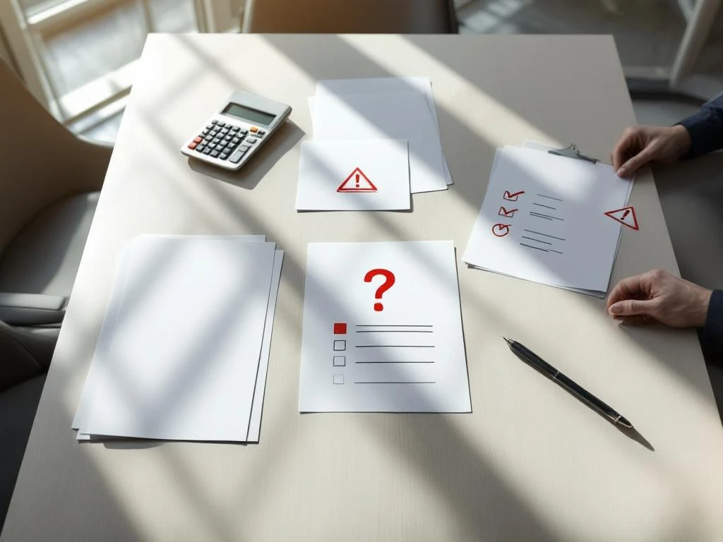 Overhead view of hotel conference room table with scattered business documents, calculator, and pen showing risk assessment charts with warning symbols