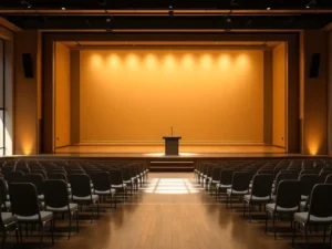 Empty conference hall with accessible seating areas, wide aisles, podium on golden-lit stage, and natural lighting.