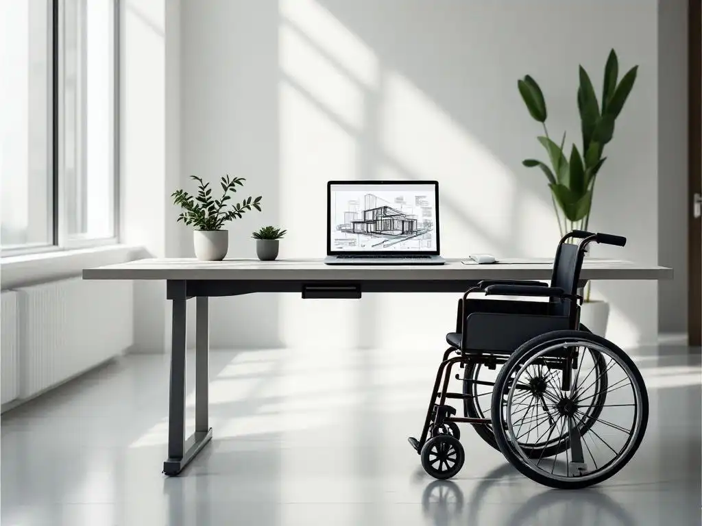 Modern office desk with laptop displaying architectural blueprints, wheelchair positioned beside workspace in bright room