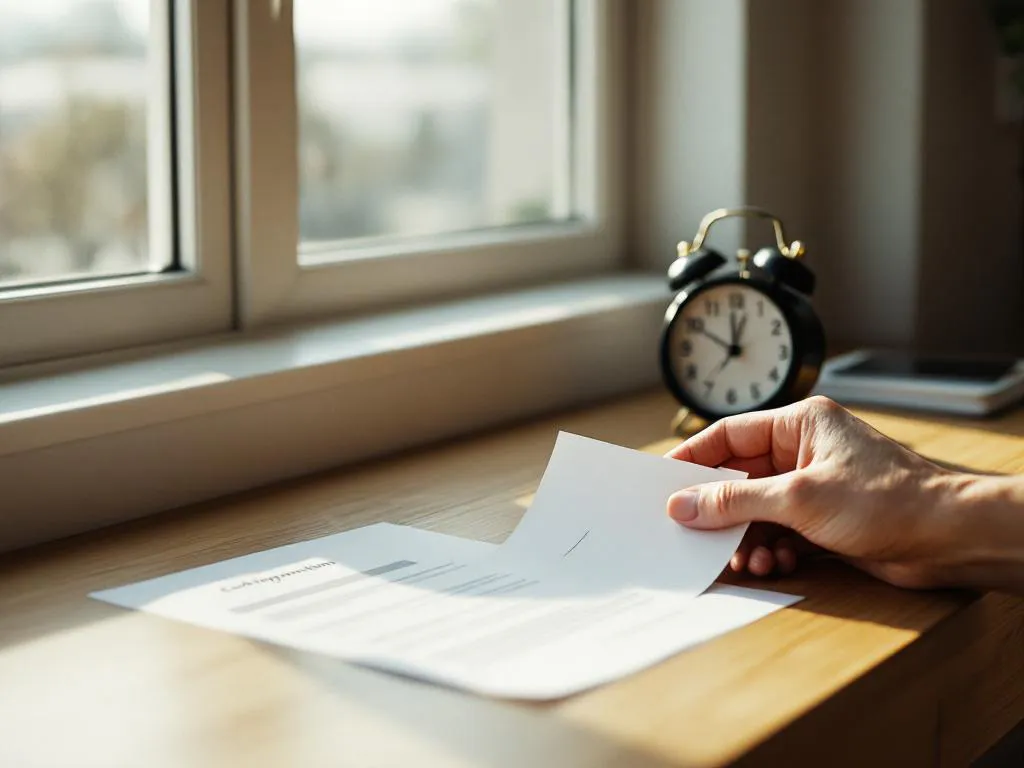 Person's hand reaching for booking confirmation paper on wooden desk beside analog alarm clock in morning sunlight.