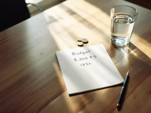 Handwritten budget calculations on notepad at wooden conference table with coins and water glass in natural daylight