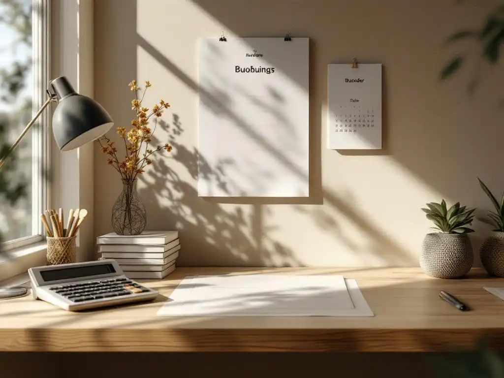 Wooden desk with calculator, budget documents, and wall calendar in natural lighting for financial planning