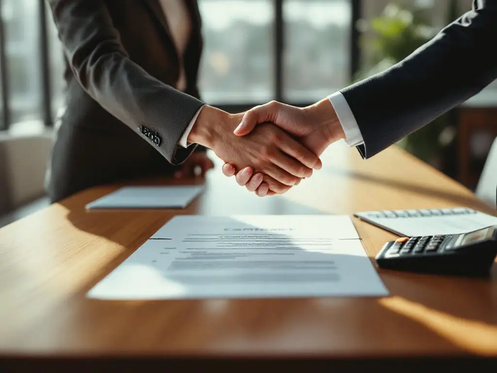 Two business professionals shaking hands across wooden conference table with contract documents in modern office