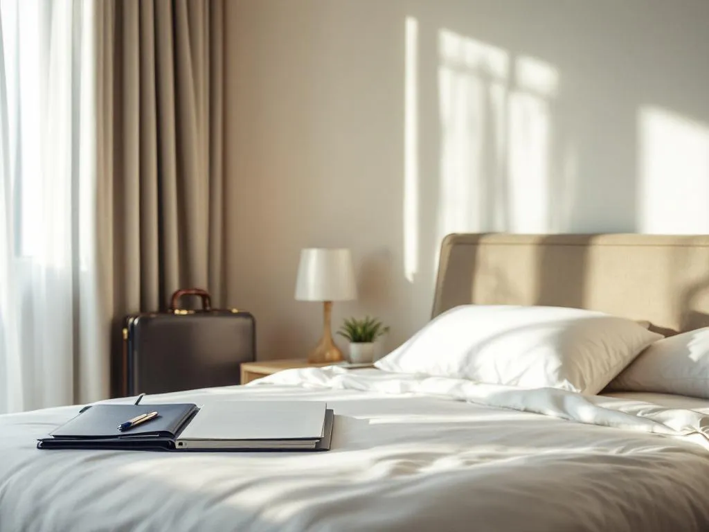 Clean modern hotel room with white bedding, conference folder on nightstand, and briefcase, ideal for business travel