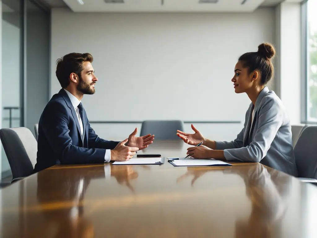 Two business professionals in meeting room discussing at wooden conference table with documents and natural lighting.