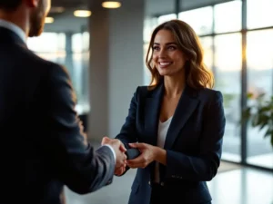 Professional businesswoman in navy blazer exchanging business cards with colleague at modern networking event