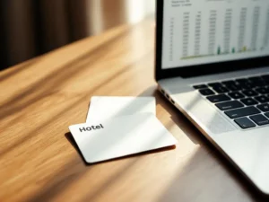 Hotel keycard on wooden desk next to laptop with spreadsheet and organized receipts in natural window light