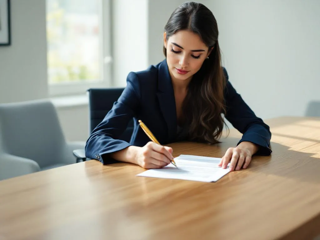 Professional businesswoman in navy blazer reviewing contract document with pen at wooden conference table