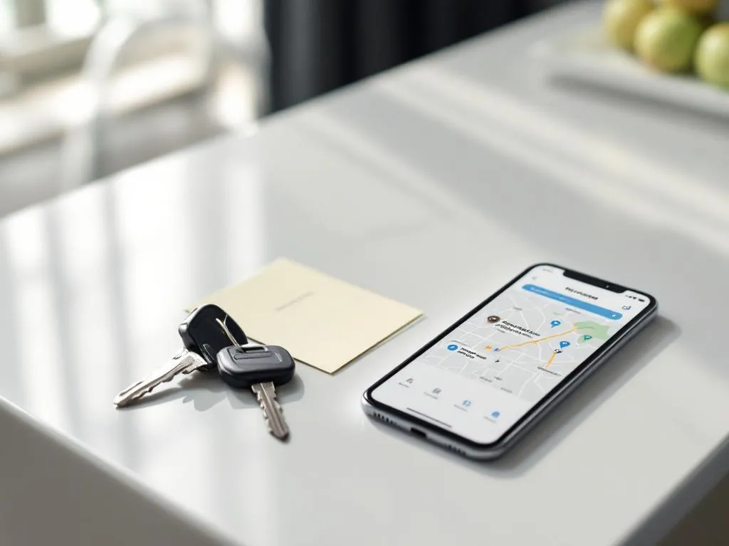 Smartphone displaying ride-sharing app map on hotel concierge desk with car keys and paper itinerary in natural lighting