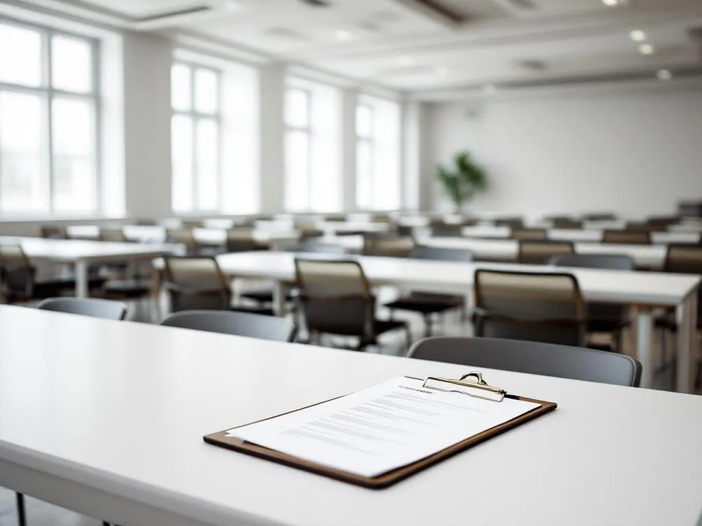 Empty conference room with white tables, organized chairs, and clipboard on nearest table in natural lighting.