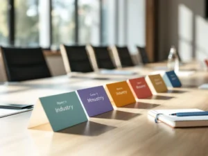Six colorful name badges arranged on conference room table with notepad and pen in bright office setting