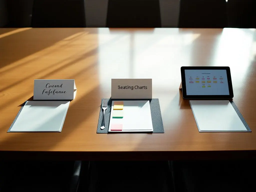 Conference room table with three place settings showing formal place card, casual notepad with sticky notes, and tablet with seating chart