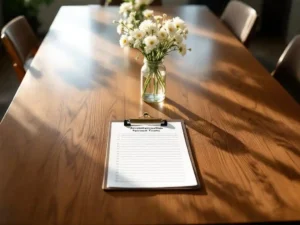 Conference table with accommodation request forms on clipboard, white flowers centerpiece, and folding chairs in natural light.