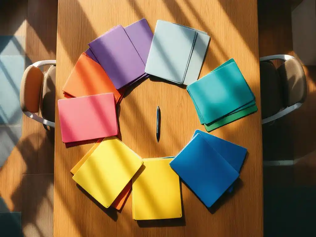 Seven colorful folders arranged in a circle on wooden conference table with pen at center, overhead view in bright office