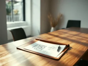 Open leather portfolio with floor plans and accommodation charts on wooden conference table in bright office