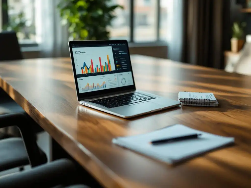 Open laptop displaying colorful data charts on wooden conference table with hotel booking confirmations and notepad nearby