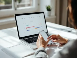 Person booking appointment on smartphone while viewing digital calendar on laptop at minimalist white desk in office