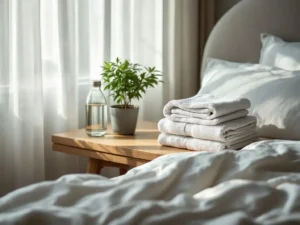 Clean hotel room with bamboo towels on wood nightstand, potted plant, glass water bottle, and sunlit white bedding.